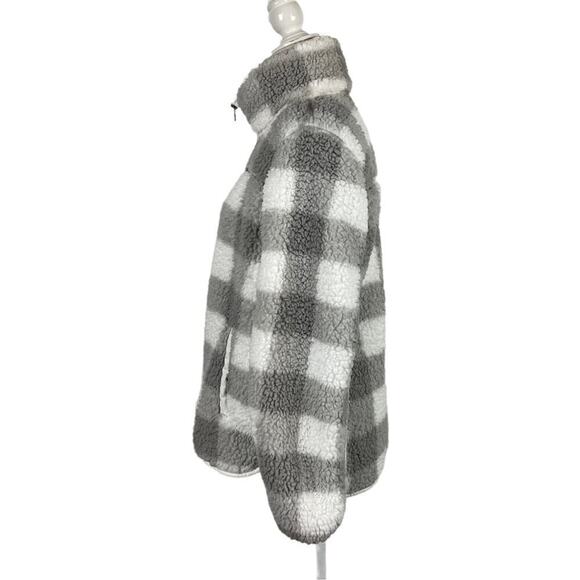 A&F Sherpa Check Fleece Plaid Full Zip Jacket Coat Gray and White Size Medium - Picture 8 of 16